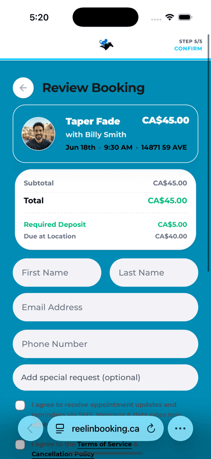 A shop’s booking page in a teal theme