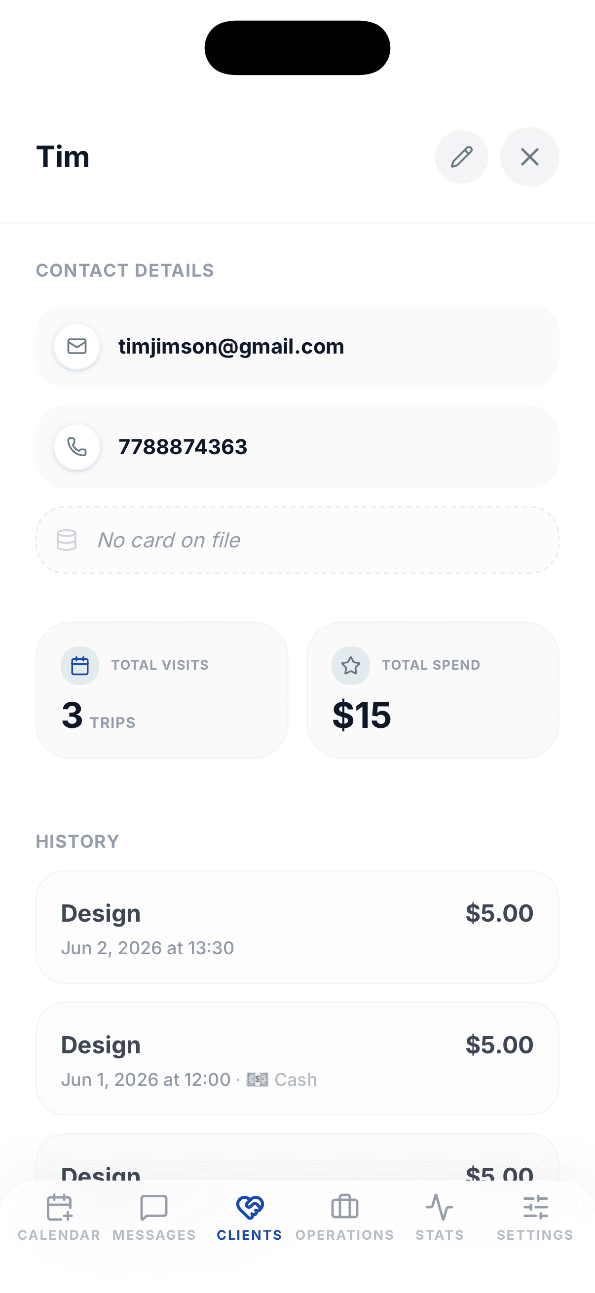 A client's profile: contact, visit history, and spend