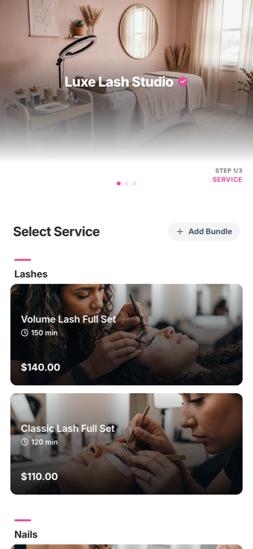 Luxe Lash Studio booking page